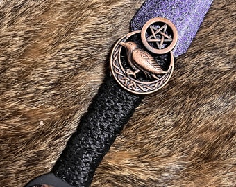 Athame / Dagger - Copper Moon Pentacle Purple and Black Blade Metallic Accents Purple Glass Stone 6.5 Inches (MINI-1093)