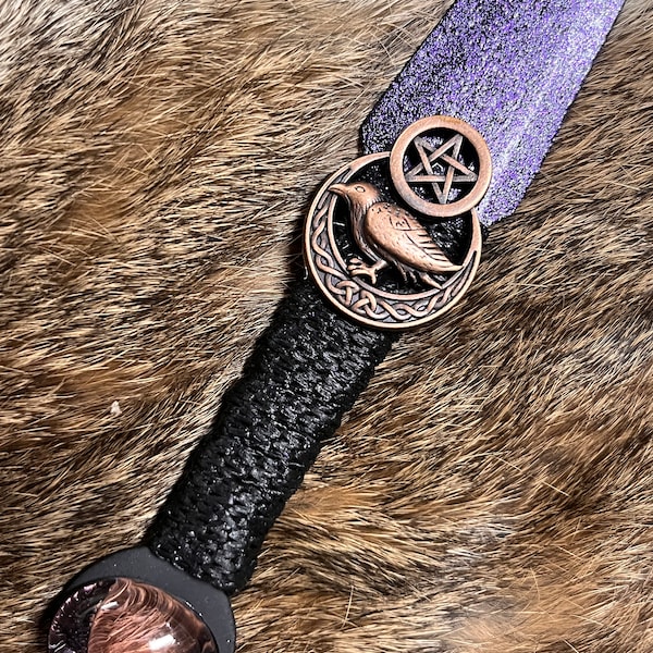 Athame / Dagger - Copper Moon Pentacle Purple and Black Blade Metallic Accents Purple Glass Stone 6.5 Inches (MINI-1093)