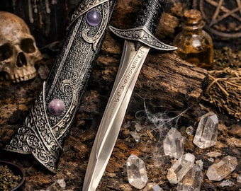 Athame - Amethyst Celtic Stainless Steel Double Sided Unsharpened Blade (DAGG-1132)