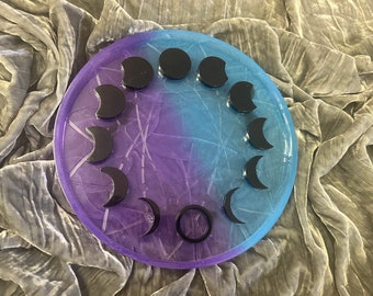 Altar Tile Resin 9.5 Inch Moon Phases Purple Black Blue 1/2 Inch Thick Handmade