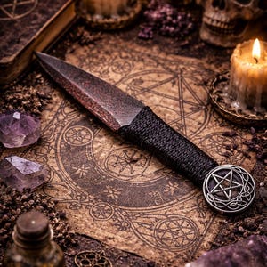 Athame / Dagger - Small - Black / Red Metallic Celtic Silver Pentacle 6.5 Inches (T12)