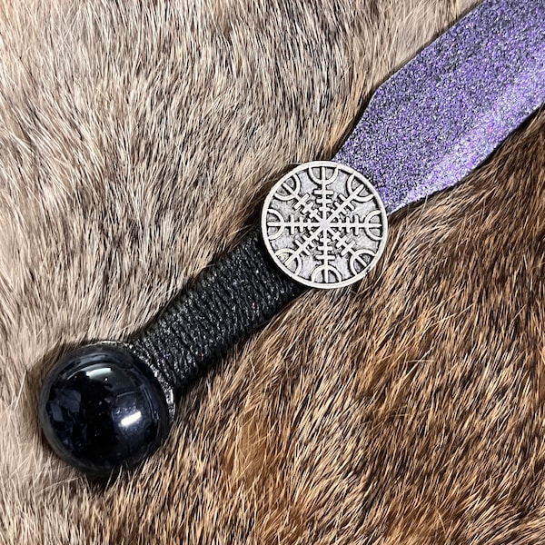 Athame / Dagger - Pentacle Purple Vegvisir Helm of Awe Black Blade Accents Metallic Black Glass Stone 6.5 Inches (MINI-1072)
