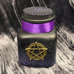 Black Glass Jar Bronze Pentacle Purple Metallic Paint Black Cork Purple Ribbon 2.5 Inches Handmade