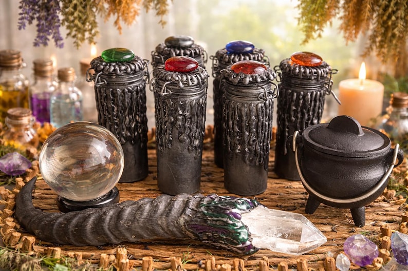 Diy Ritual DIY Ritual Witchcraft Spell Jar Handmade Pewter Black Glass Jewel Top ...