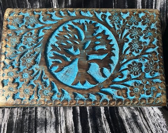 Carved Indigo Tree of Life Box Velvet Lining 5x8x4 Inches Celtic