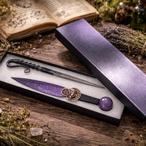 Raven Moon Pentacle Athame: Copper or Silver, Purple & Black Blade Scribe Gift Box