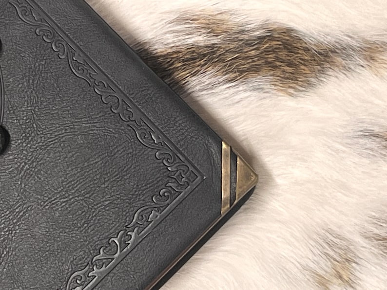 May include: A dark gray book with ornate corner detailing and a brass corner protector. The book's cover has a textured appearance. The background is a mix of white and brown fur.