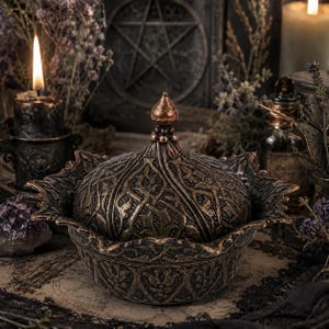 May include: A round, lidded container with a dark bronze finish and intricate, embossed floral and geometric patterns. The bowl features a scalloped, petal-like rim, and the lid is topped with a pointed, textured finial, creating a cohesive, ornate appearance.