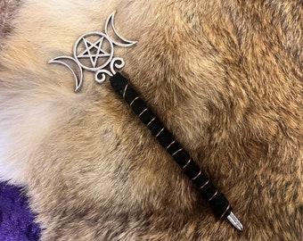 Candle Scribe / Wand - Triple Moon Goddess Black Leather Bronse Wire Wrap 6 Inches