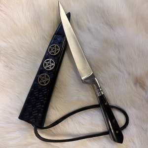 Athame Triple Pentacle Slim Black Horn Carved Handle Toothpick 7 Inch Leather Braided Handmade Sheath