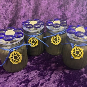 Black Glass Jar Blue Glass Pentacle Filled with your Choice of Black Salt, Graveyard Dirt, Witch's Ash or Crossroads Dirt Handmade