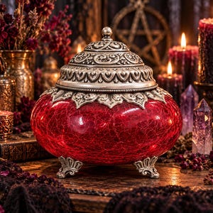 May include: A round, red crackle glass jar with a silver-toned metal lid and three ornate metal feet. The lid features intricate embossed scrollwork and a small spherical finial at the top, while the base of the lid has a leaf-like trim.