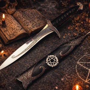 May include: A silver dagger with an ornate handle and blade, resting beside its black sheath adorned with a silver pentagram. The scene includes an open book, candles, and a skull, creating a mystical ambiance.