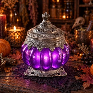 May include: A decorative jar with a vibrant purple glass body shaped like a pumpkin, featuring a detailed metallic silver lid and base with intricate embossed patterns. The glass is translucent, allowing light to glow from within the container.