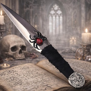 Athame / Dagger - Rams Head Pentacle Spider 6 Inches Black Wrapped Handle