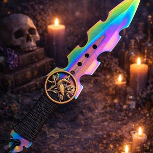 Athame / Dagger - Small - Rainbow Copper Raven Triple Moon Goddess Pentacle Embellishment 7 Inches (MINI-1044)