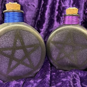 Set of Two Glass Jars Embellished Pentacle Witch's Ash and Black Salt Heavy 6 inches