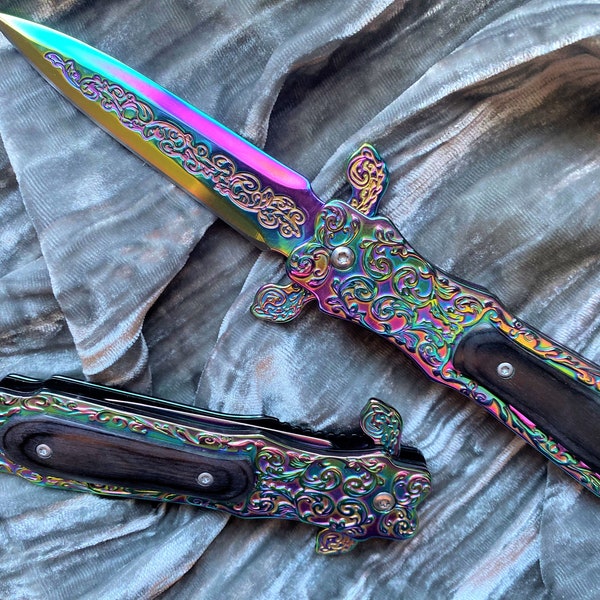 Athame / Dagger - Aurora Borealis Blade Ornate Folding 9 Inch Black (fldg-1003)