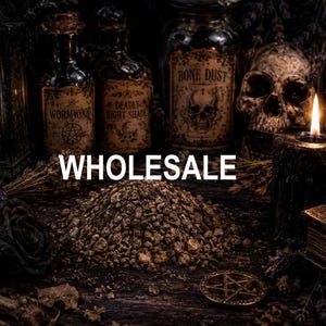 May include: A dark, gothic-themed image featuring apothecary bottles labeled "Wormwood" and "Deadly Nightshade", a skull, and a jar of "Bone Dust". A lit candle and the word "WHOLESALE" are also visible. The scene is set on a wooden surface.