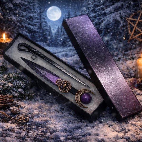 Raven Moon Pentacle Athame: Copper with Bronze Crescent Moon, Purple & Black Blade Horned God