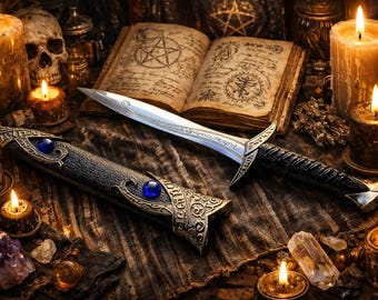 Athame - Blue Glass Celtic Stainless Steel Double Sided Unsharpened Blade (dagg-1102)