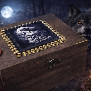 Raven with Bronze Skulls Wooden Large Altar Chest with Metal Embellishments 9.5x7.5x5 Inches
