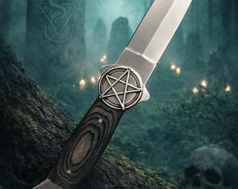 Athame Stainless Steel Black Wood Handle Pentacle