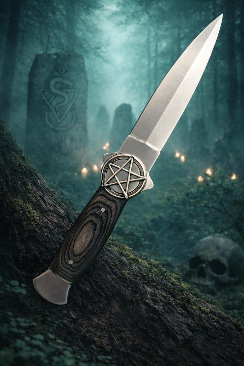 Athame Stainless Steel Black Wood Handle Pentacle image 1