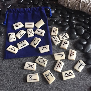 Runes Carved Bone - Elder Futhark Velvet Pouch w/Instructions and Chart (rune-1004)