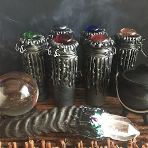 Empty Witchcraft Spell Jar Handmade Pewter Black Glass Jewel Top Hinged for Rituals
