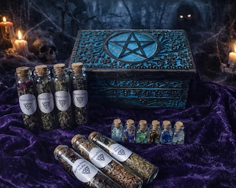 Witch's Apothecary Box with Herbs and Gemstone Glass Vials + Spells