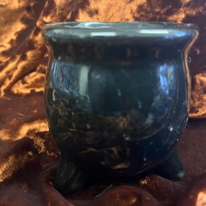 Cauldron Ceramic Candle White Wax Pentacle Herbs and Gemstone Handmade 3 Inches image 2