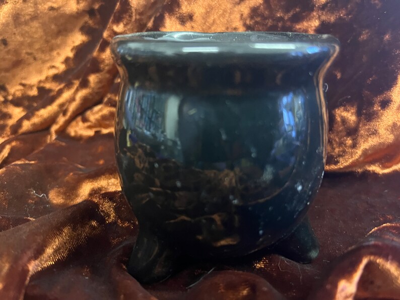 Cauldron Ceramic Candle White Wax Pentacle Herbs and Gemstone Handmade 3 Inches image 2