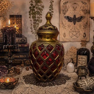 May include: A decorative jar with a lid, featuring a deep red glass body encased in an intricate gold-toned metal lattice frame. The lid is topped with a pointed finial, and the overall design showcases a diamond-shaped pattern across the glass.