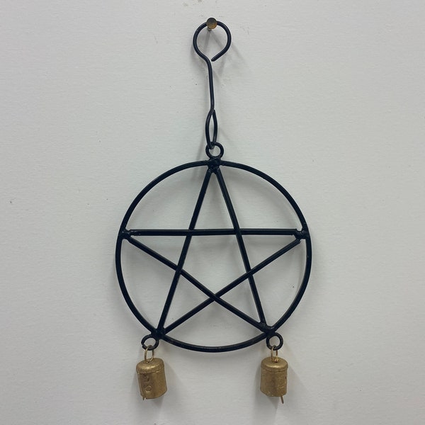 Pentagram Wall Hanging Pentacle Welded Iron Brass Bells 11 Inches Handmade