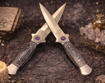 Athame Stainless Steel Black Wood Handle Amethyst Runes Viking Norse Two Sizes