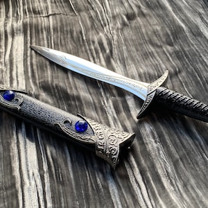 Athame - Blue Glass Celtic Stainless Steel Double Sided Unsharpened Blade (dagg-1102)