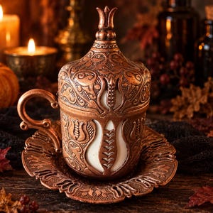 Recipiente de altar turco antiguo de cobre con bandeja / Inserciones de cerámica y vidrio / Decoración de altar ancestral / El relicario del guardián del velo