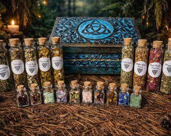 Witch's Apothecary Box with Herbs and Gemstone Glass Vials + Spells