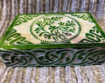 Altar Box Celtic Soapstone Tree of Life 6x4x1.75 Inch Green