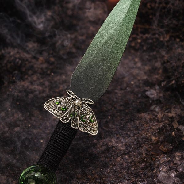 Lunar Moth Athame Lot of 3 – Green Ombre Altar Daggers with Glass Stone  