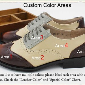 May include: A pair of brown and beige leather shoes with a wingtip design. The shoes have five different color areas that can be customized. The text "Custom Color Areas" is at the top of the image. The text "Area 1", "Area 2", "Area 3", "Area 4", and "Area 5" are labeled on the shoes.