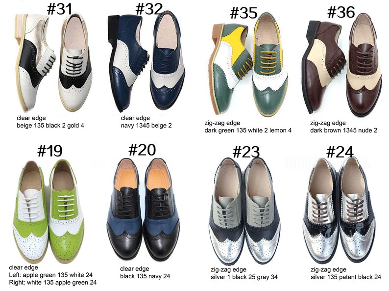 May include: Ten pairs of women's oxfords with different color combinations. The shoes have a clear edge, zig-zag edge, or clear edge with a contrasting color. The shoes are all in a classic style with a lace-up closure.