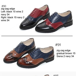 May include: A collection of ten pairs of women's oxford shoes with different color combinations. The shoes have a lace-up closure and a wingtip design. The colors include navy, brown, black, red, gray, yellow, green, and white.