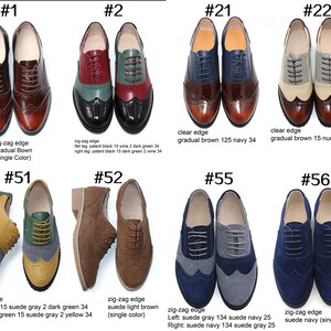May include: Ten pairs of women's oxfords with different color combinations and styles. The shoes have a lace-up closure and a rounded toe. Some shoes have a clear edge, while others have a zig-zag edge. The shoes are made of leather and suede.