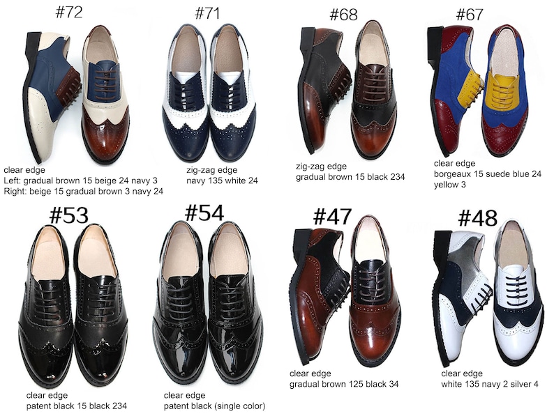 May include: Ten pairs of women's oxfords in various colors and patterns. The shoes have a lace-up closure and a wingtip design. The shoes are arranged in two rows of five.