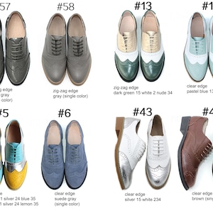 May include: Ten pairs of women's oxfords with different colors and patterns. The shoes have a lace-up closure and a round toe. The shoes are arranged in two rows of five. The top row shows a pair of gray patent leather oxfords, a pair of gray suede oxfords, a pair of dark green and white oxfords, a pair of light blue and white oxfords, and a pair of brown leather oxfords. The bottom row shows a pair of yellow and blue oxfords, a pair of gray suede oxfords, a pair of white and silver oxfords, a pair of brown leather oxfords, and a pair of white and silver oxfords.