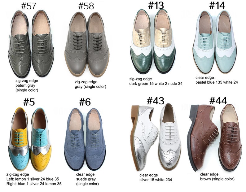 May include: Ten pairs of women's oxfords with different colors and patterns. The shoes have a lace-up closure and a round toe. The shoes are arranged in two rows of five. The top row shows a pair of gray patent leather oxfords, a pair of gray suede oxfords, a pair of dark green and white oxfords, a pair of light blue and white oxfords, and a pair of brown leather oxfords. The bottom row shows a pair of yellow and blue oxfords, a pair of gray suede oxfords, a pair of white and silver oxfords, a pair of brown leather oxfords, and a pair of white and silver oxfords.