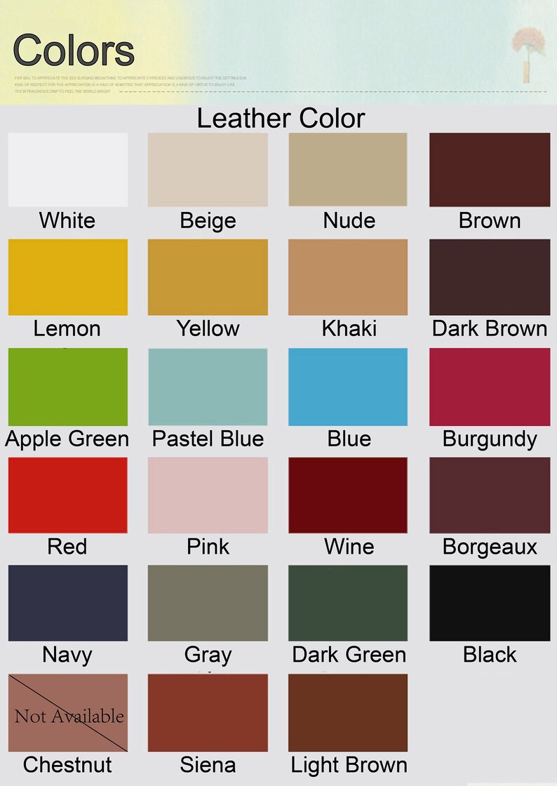 May include: A chart showing 16 different leather colors, including white, beige, nude, brown, lemon, yellow, khaki, dark brown, apple green, pastel blue, blue, burgundy, red, pink, wine, and bordeaux. The chart also includes navy, gray, dark green, black, chestnut, sienna, and light brown.