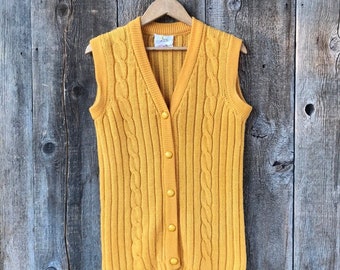 VTG 60s Tami 100% Wool Cableknit Mustard Yellow Longline Sweater Vest, Small